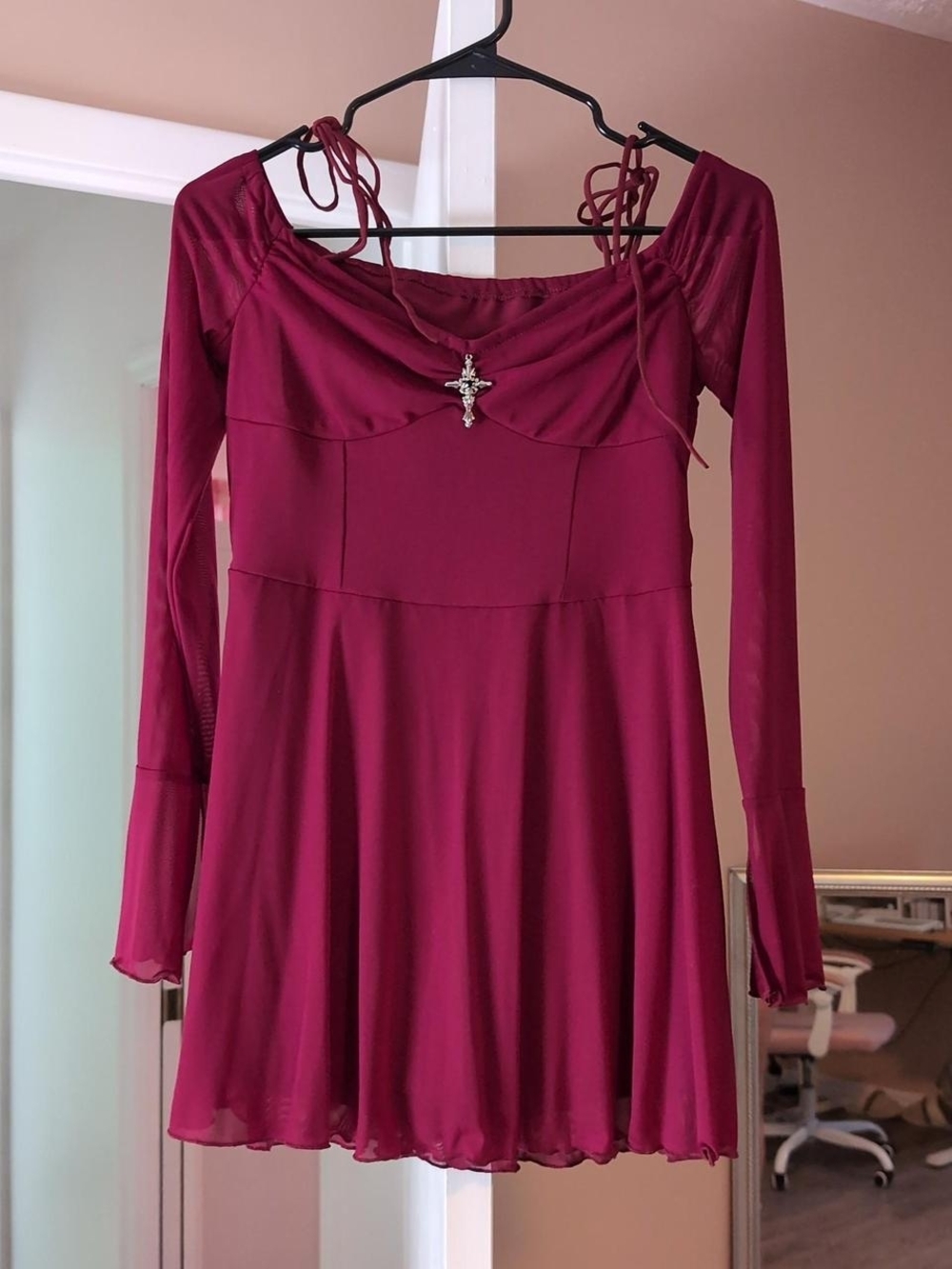 ROMWE Burgundy Long Sleeve Skater Dress with Tie Straps